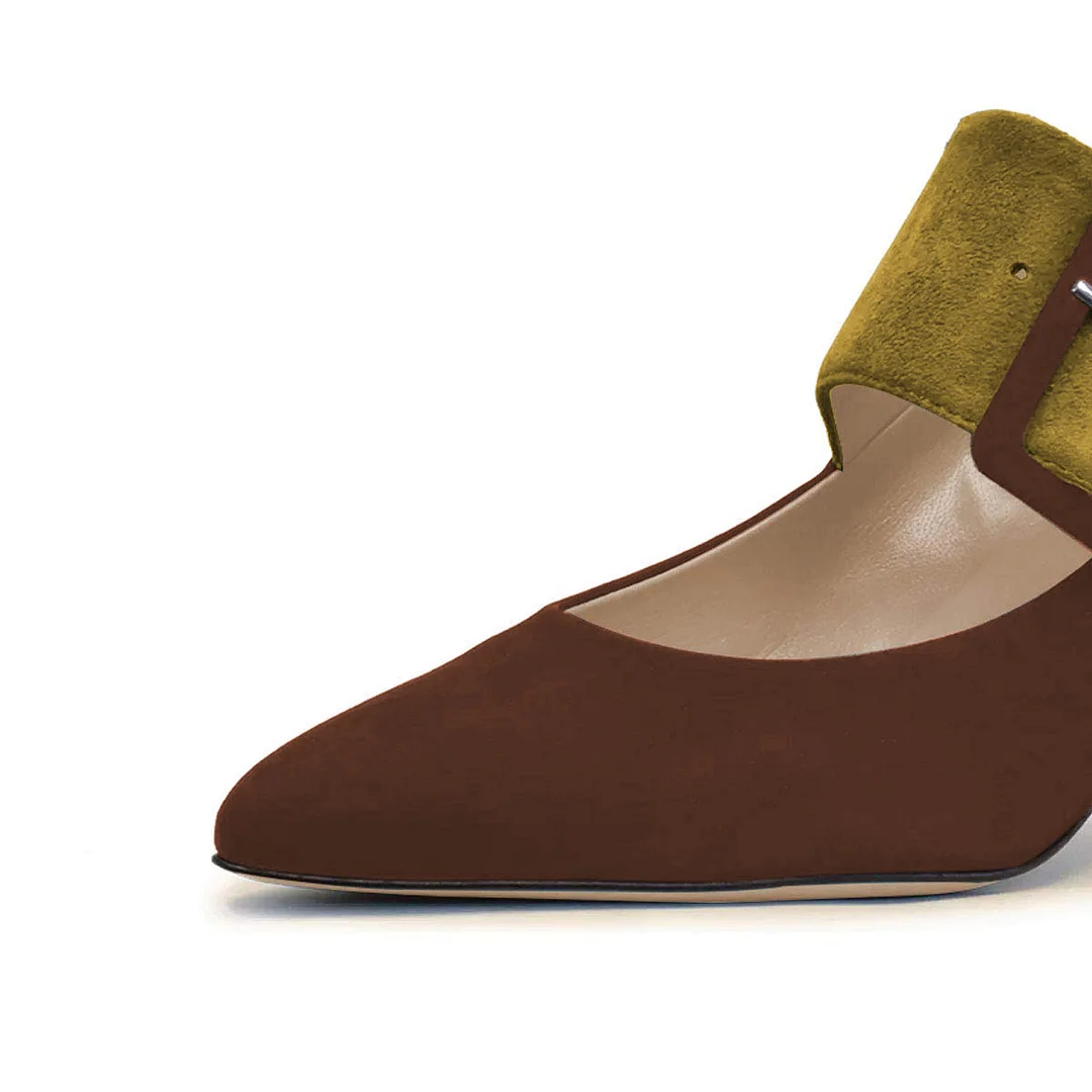 Dark Red Faux Suede Pointed Toe Heel Yellow Buckle Strappy Pumps
