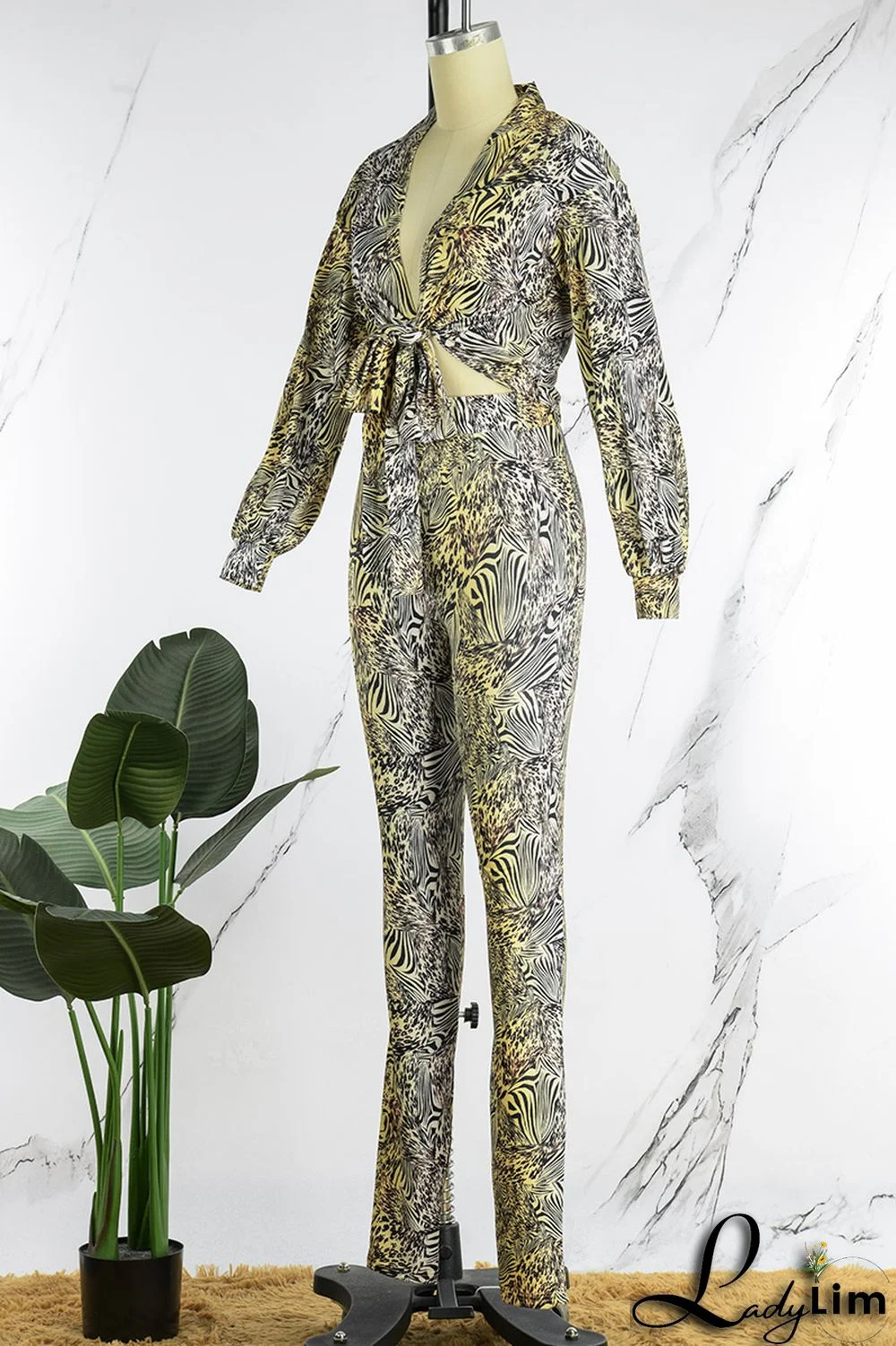 Green Casual Print Frenulum V Neck Long Sleeve Two Pieces