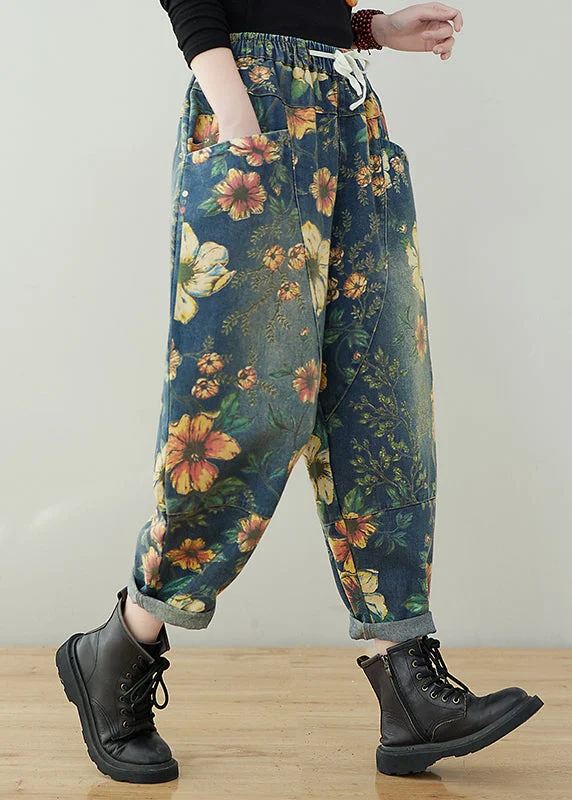 French Navy elastic waist drawstring pockets Print Denim Pants