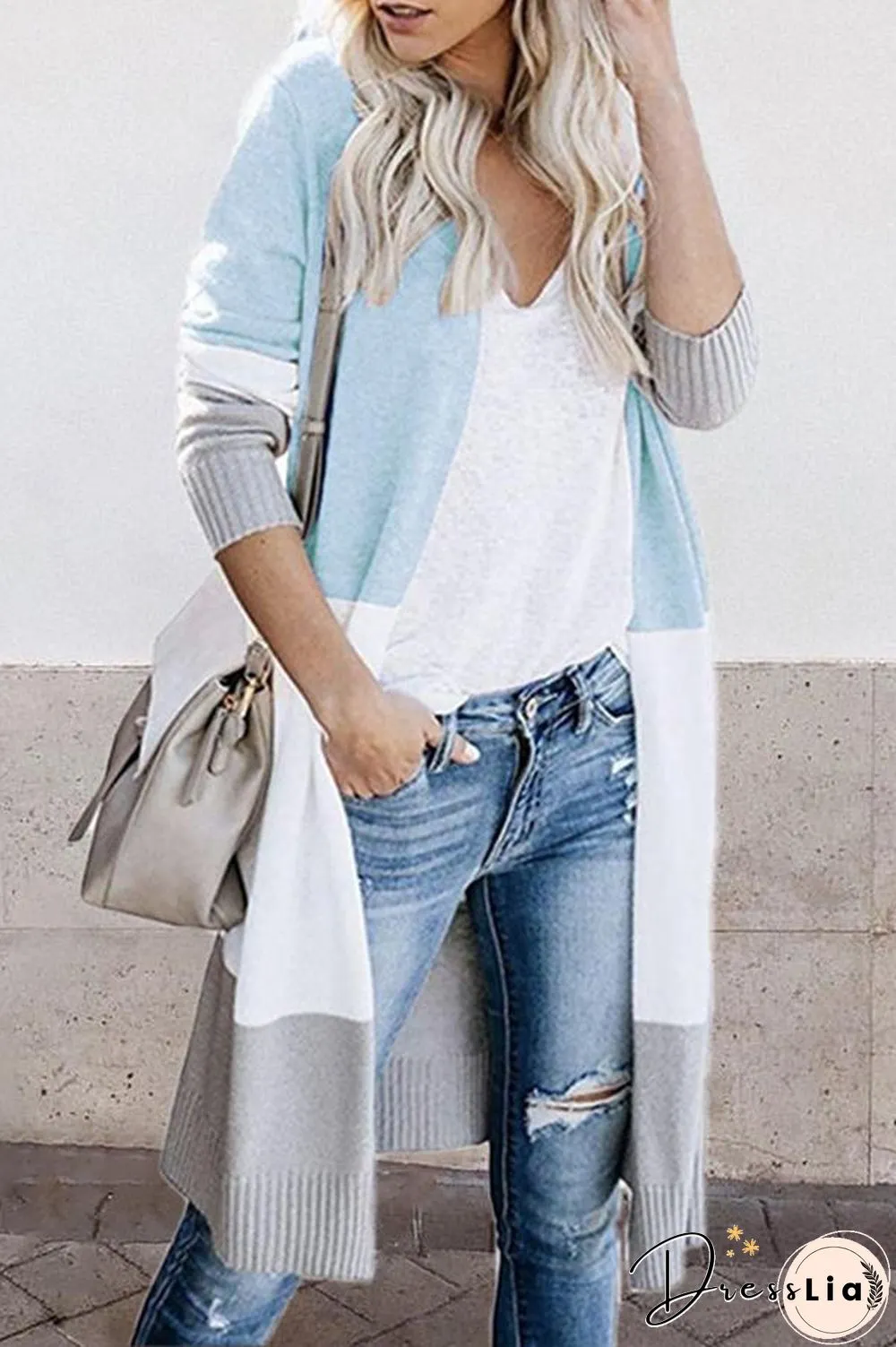 Three-color Striped Stitching Long Cardigan (4 Colors) P15909