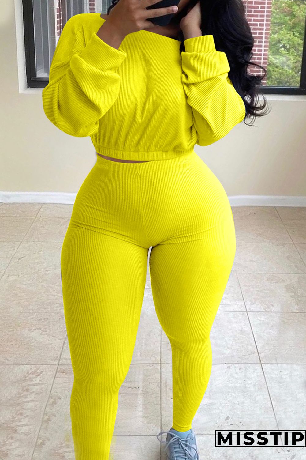 Dark Blue Active Europe and America Street Solid Skinny Long Sleeve Two Pieces