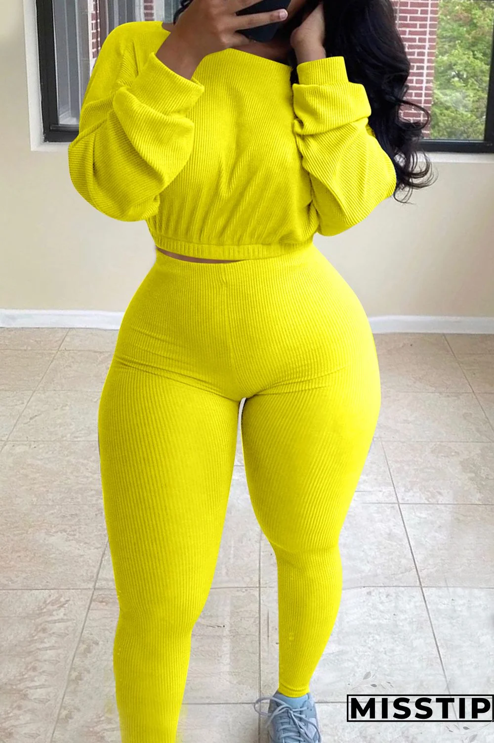 Dark Blue Active Europe and America Street Solid Skinny Long Sleeve Two Pieces