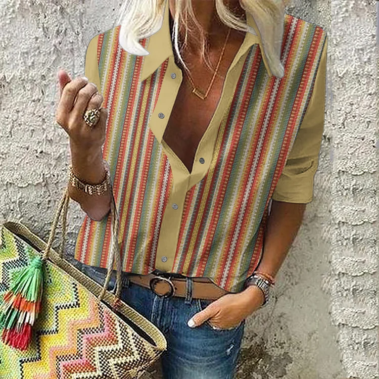 Vintage Color Stripe Print Long Sleeve Shirt