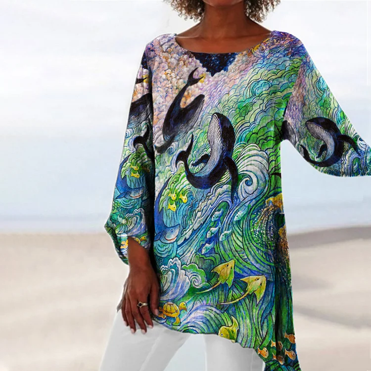 Vefave Casual Whale Print Long Sleeve Tunic