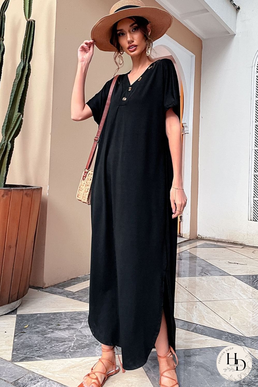 Decorative Button V-Neck Slit Maxi Dress
