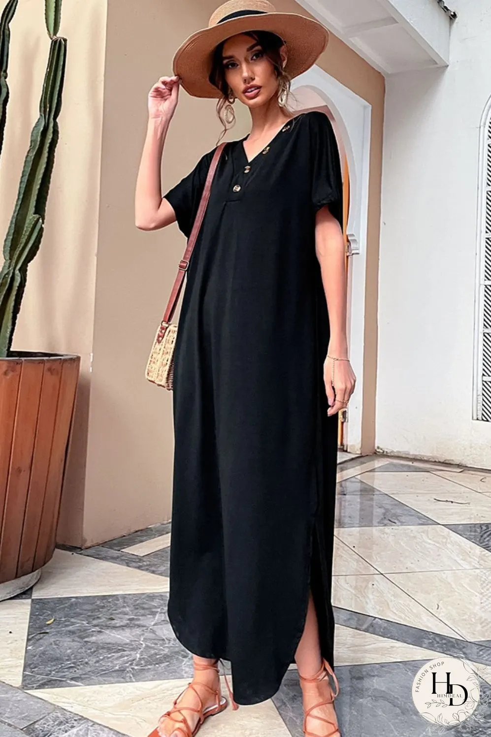 Decorative Button V-Neck Slit Maxi Dress