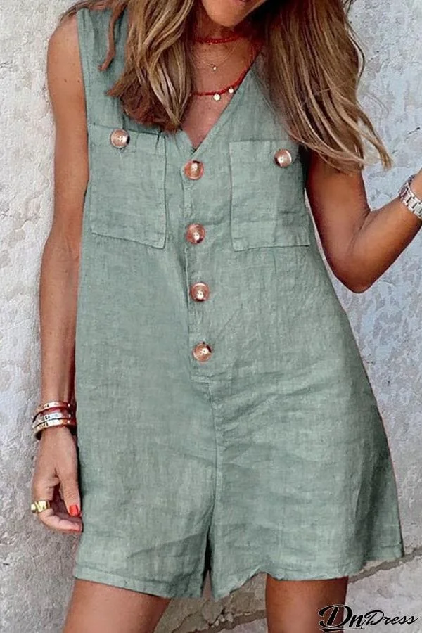 V-neck button patch tank top Rompers