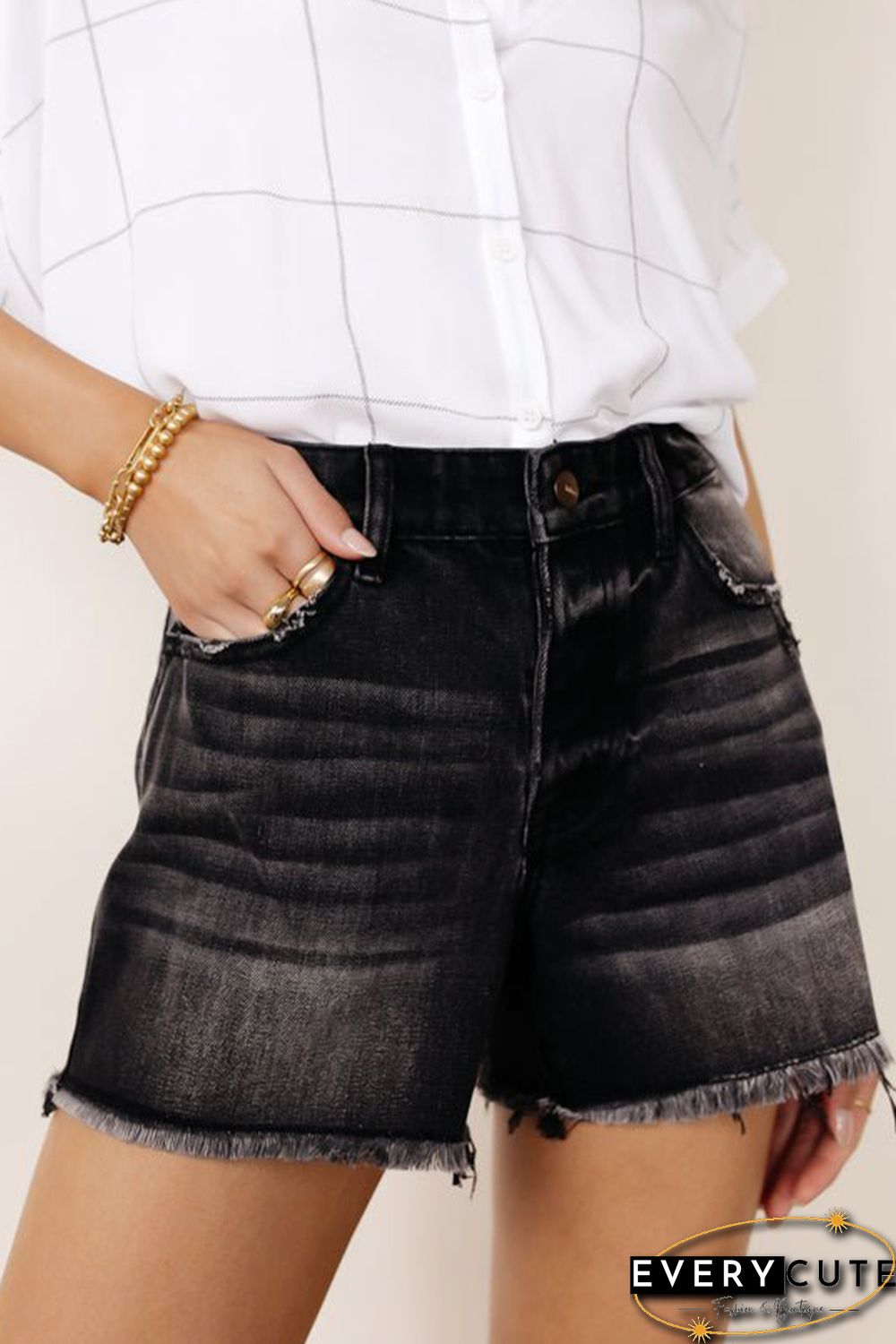 Black Vintage Washed High Waist Frayed Cutoff Denim Shorts