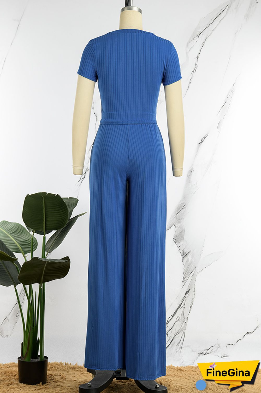 Blue Casual Solid Basic O Neck Short Sleeve Two Pieces