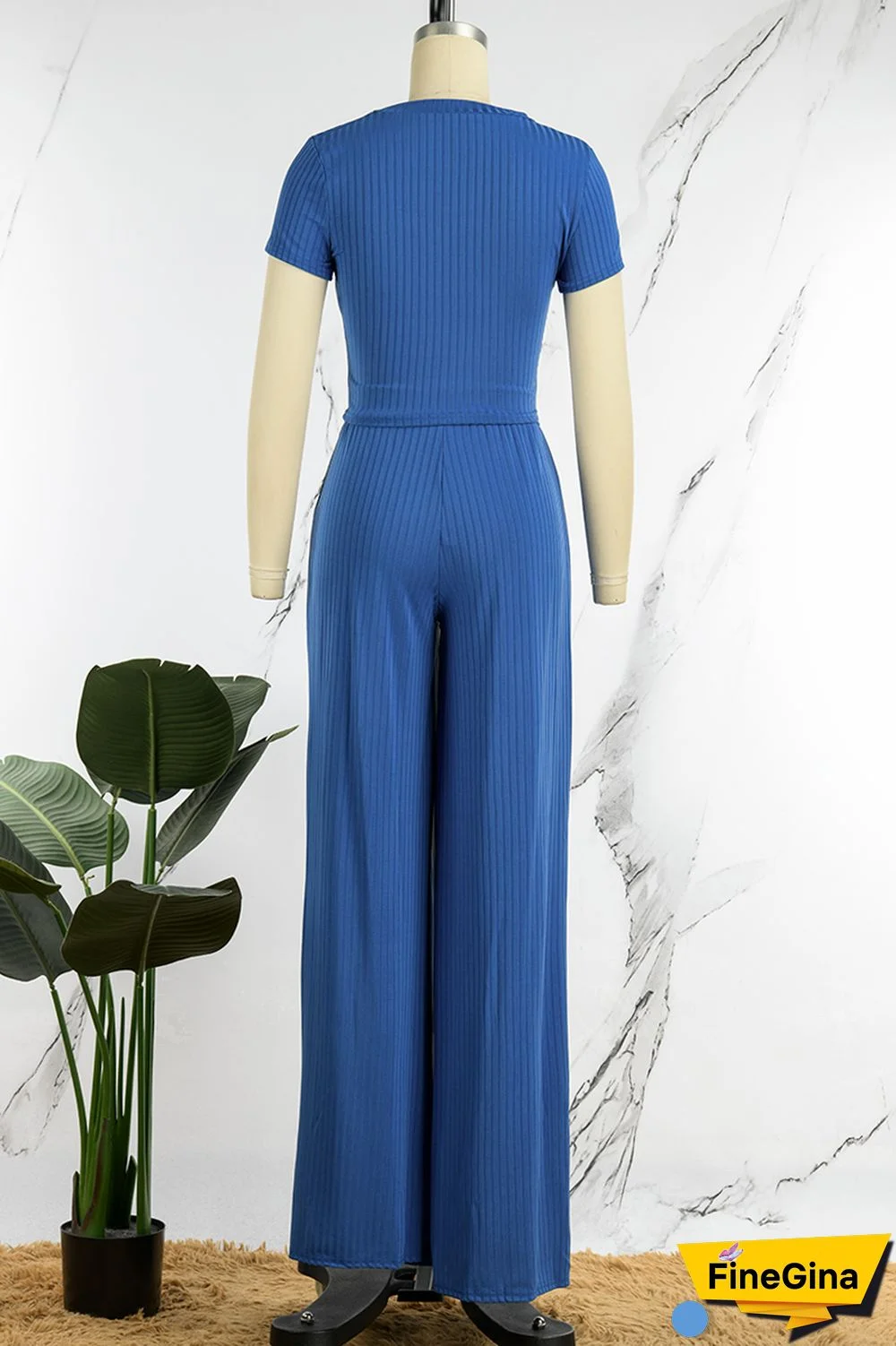 Blue Casual Solid Basic O Neck Short Sleeve Two Pieces