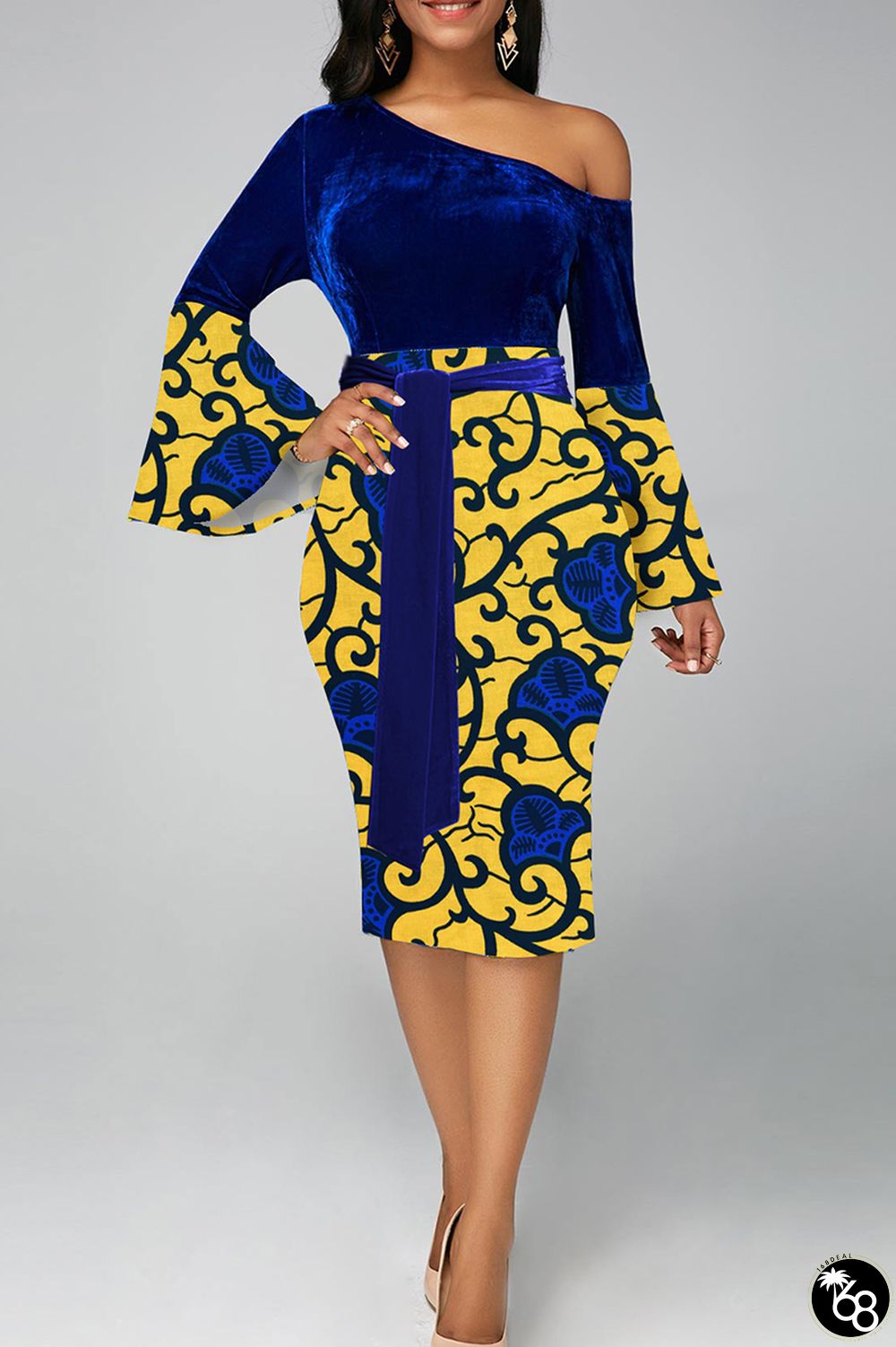 Elegant Print Bandage Patchwork Slit Oblique Collar Wrapped Skirt Dresses | 168DEAL