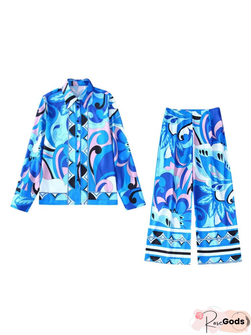 Camilladress Lapel V Neck Long Sleeves Shirt Wide Leg Pants Printed Casual Set