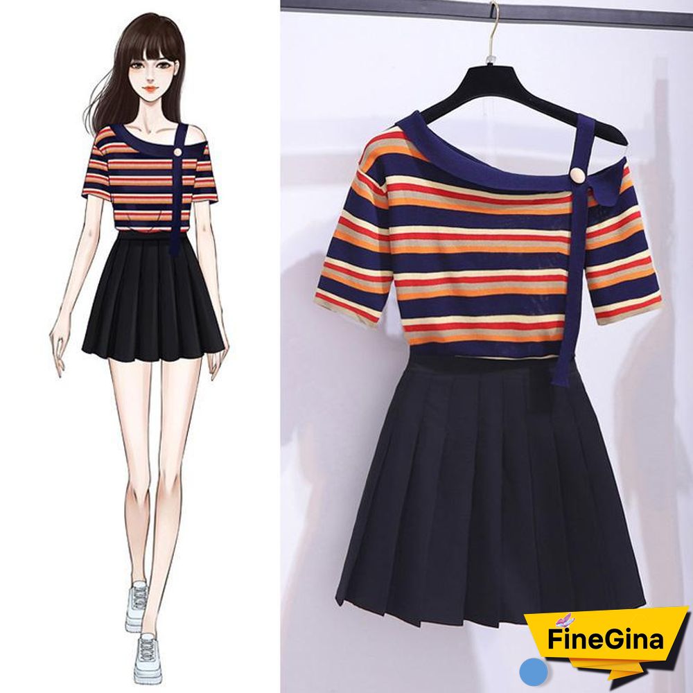 Cute Off Shoulder Tee+Pleated Skirt P11161