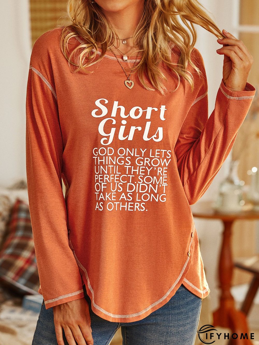 Letters Long Sleeve Crew Neck Buttoned Casual T-Shirt | IFYHOME