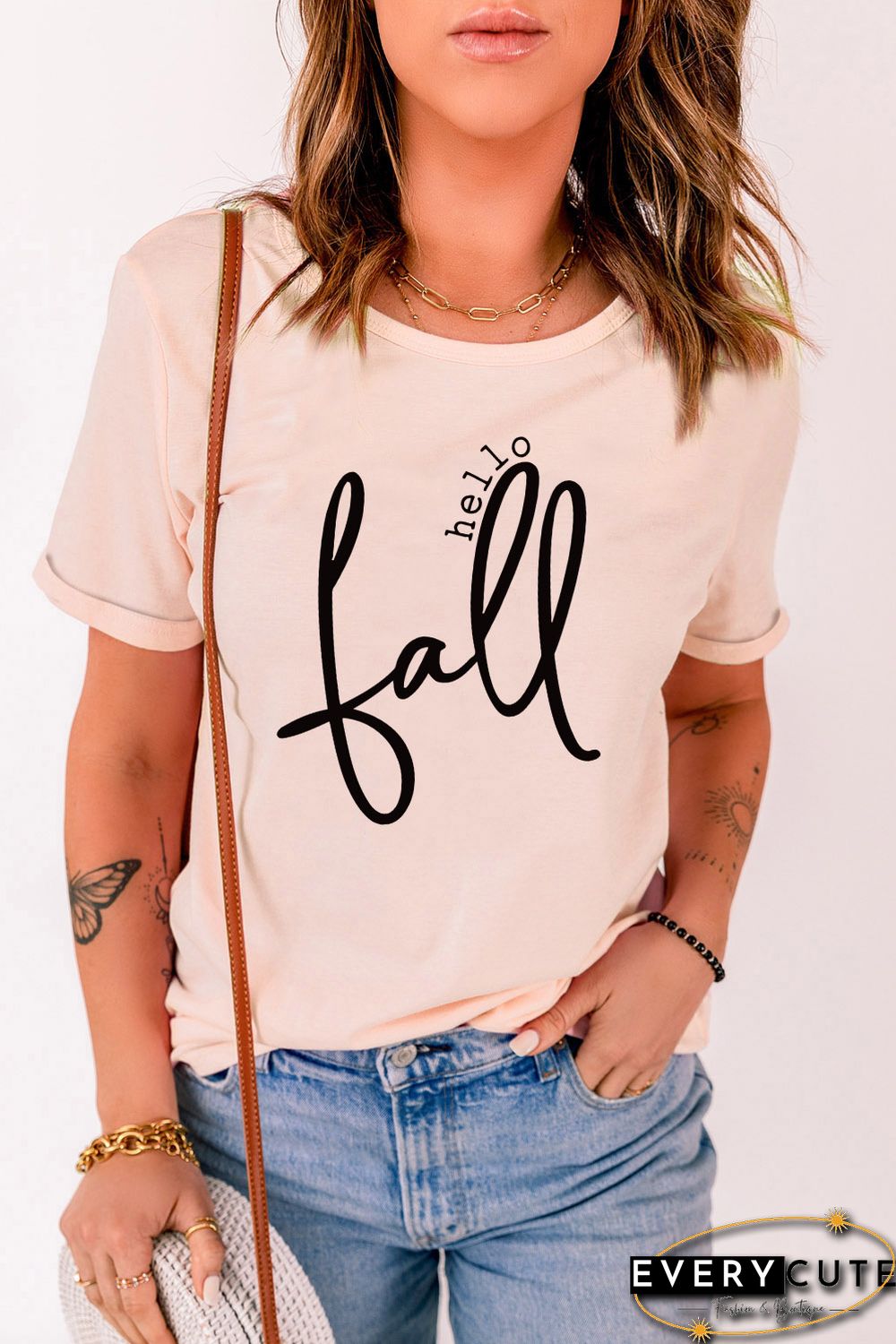 Pink Hello Fall Slogan Pattern Print Crew Neck T Shirt