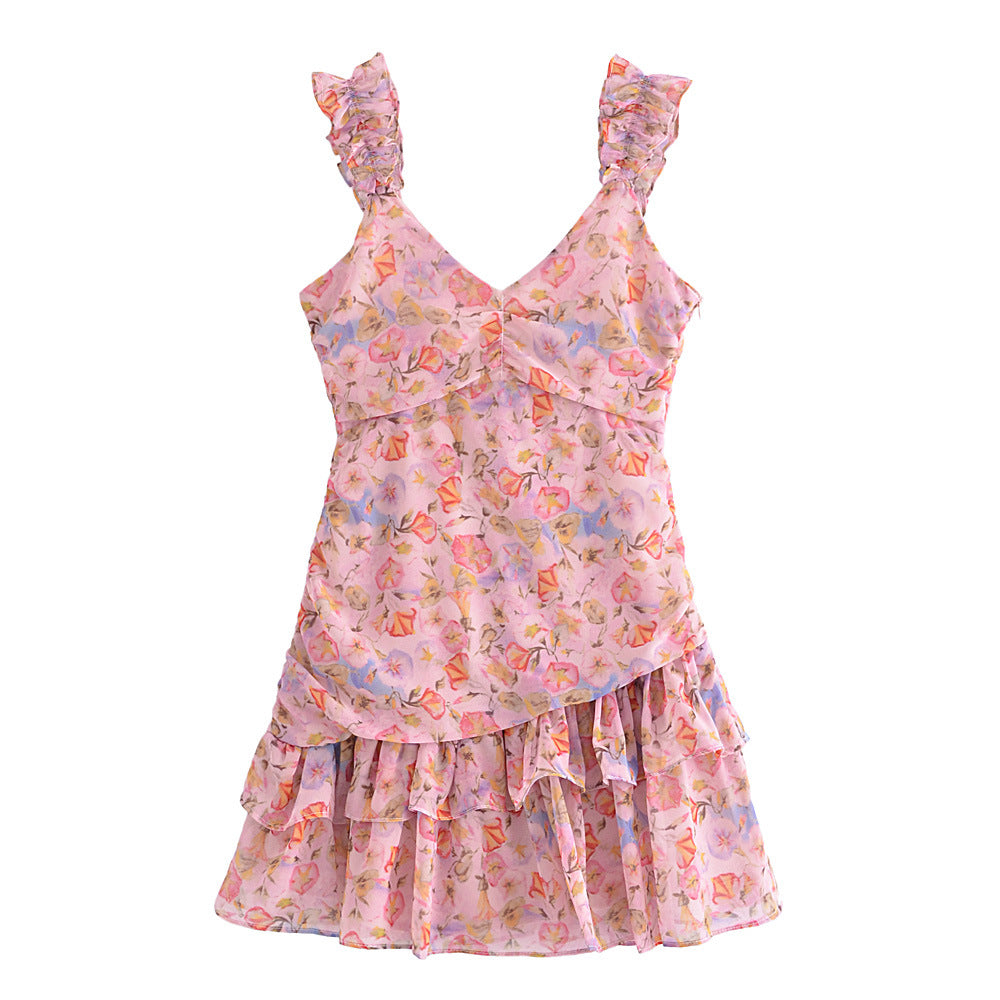 Summer Fashion V-neck Flounce Floral Print Pink Strap Dress Irregular Asymmetric