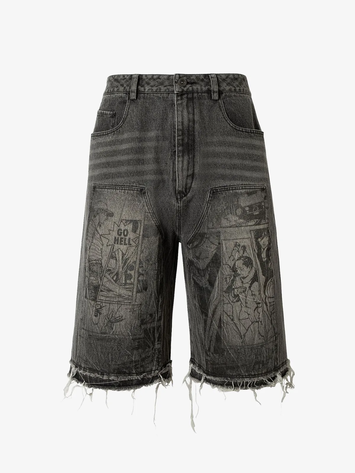 Black Act Chic Anime Print Raw Hem Longline Jorts Front