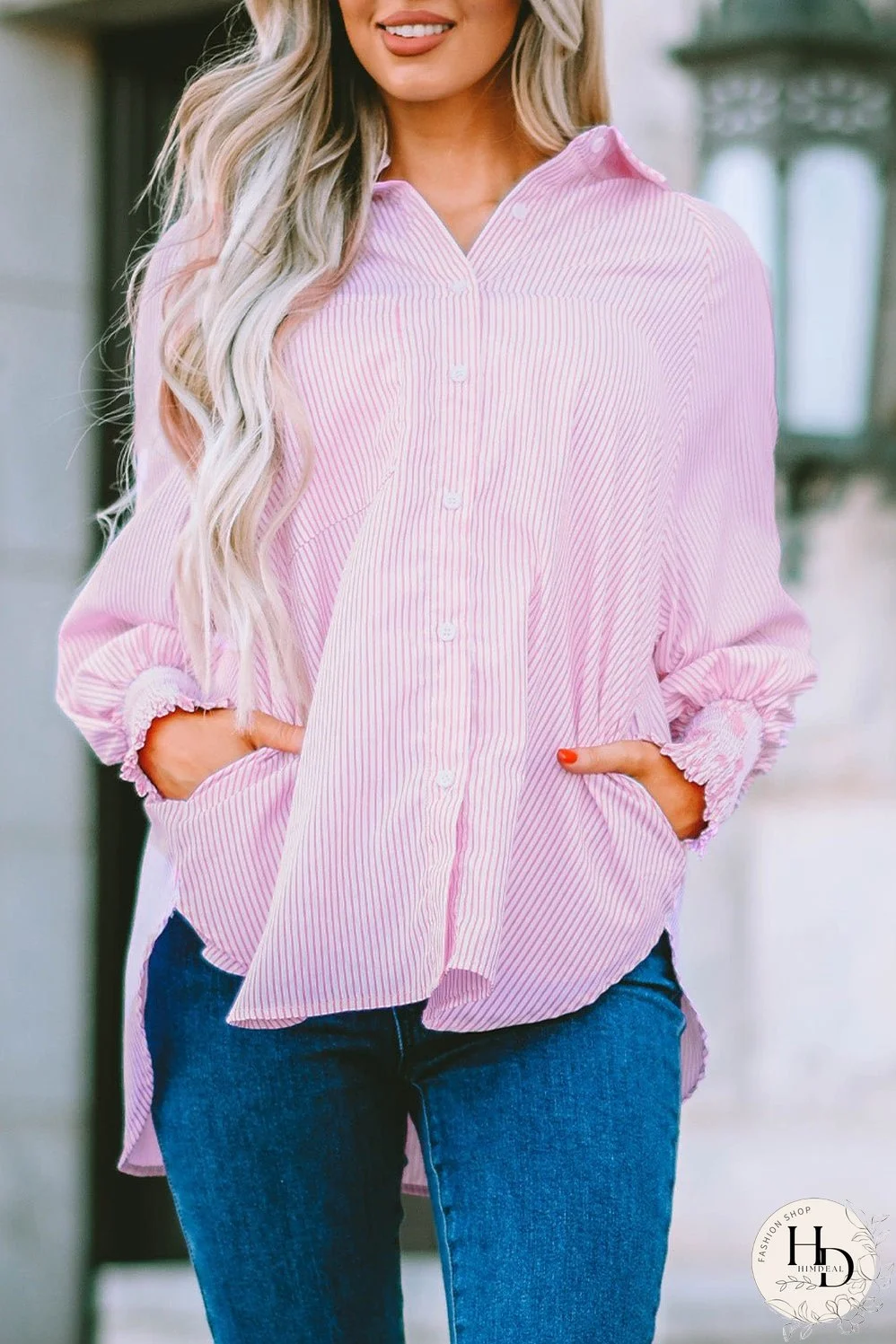 Simple Solid Lapel Button Long Sleeve Blouses