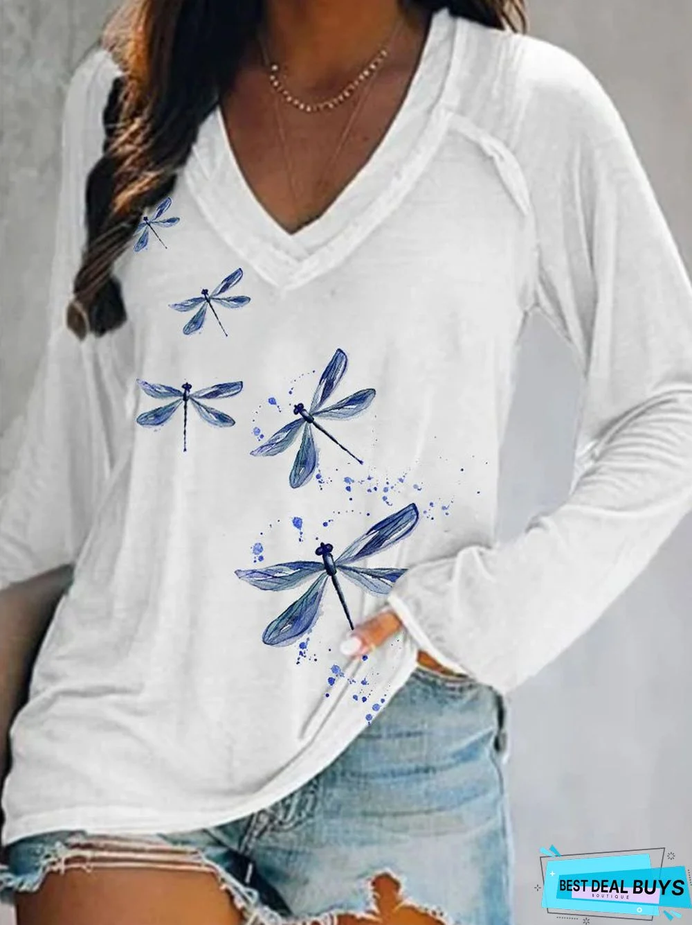 Dragonfly Raglan Sleeve Loose V Neck Cotton-Blend Tunic T-Shirt