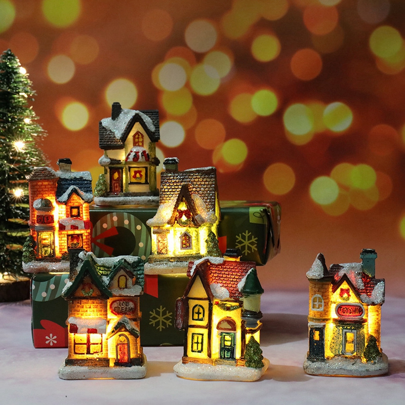 Tegooe Hand-Painted Christmas Village House LED Light Decoration - Resin Ornament