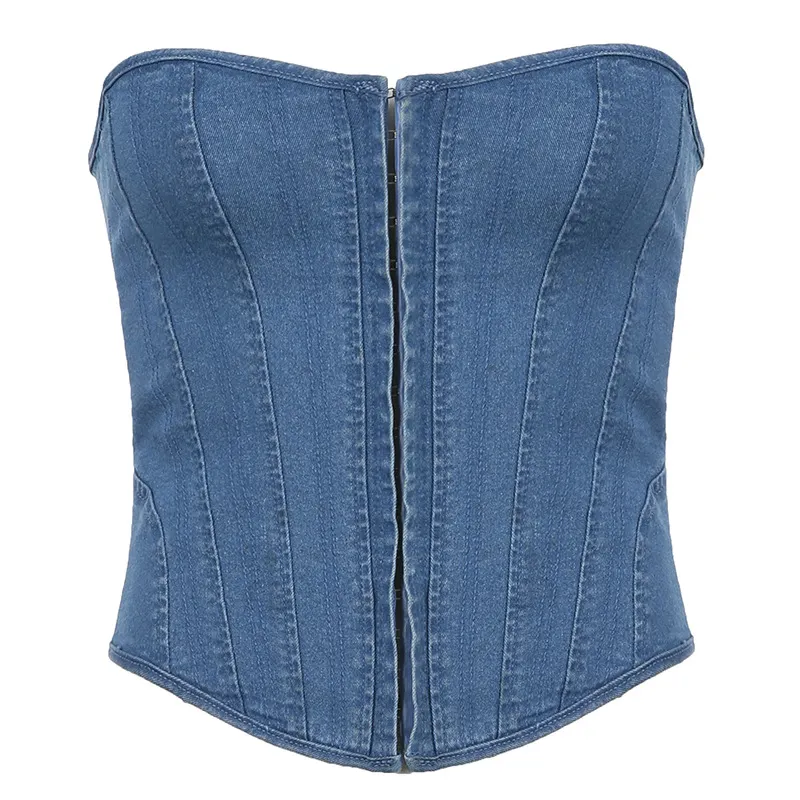 Churchf Churchf Spring / Summer 2023 Women's Wave Collar Fishbone Slim Strap Solid Color Denim Strapless Vest