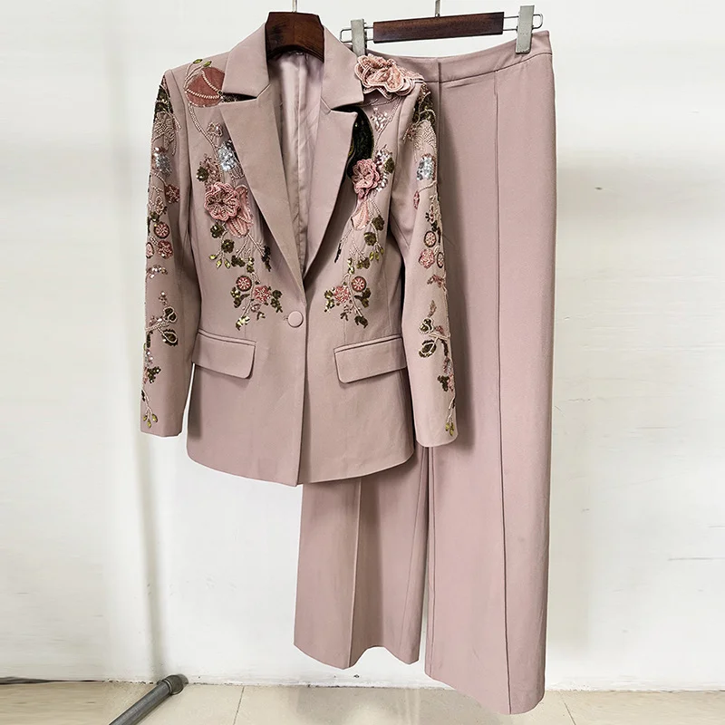 Nigikala Nigikala New Fashion Heavy Industry Nail Bead Three-Dimensional Flower Jacket Wide-Footed Trouser Set Two Sets