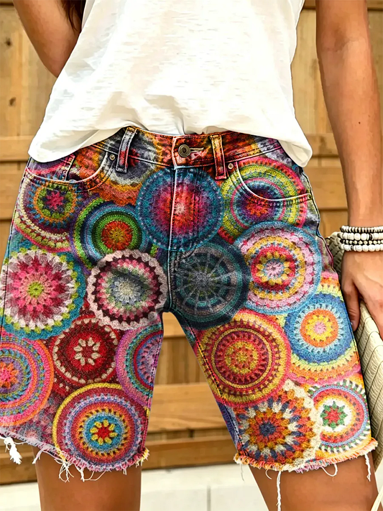 Women's Multicolor Mandala Print Frayed Hem Denim Shorts