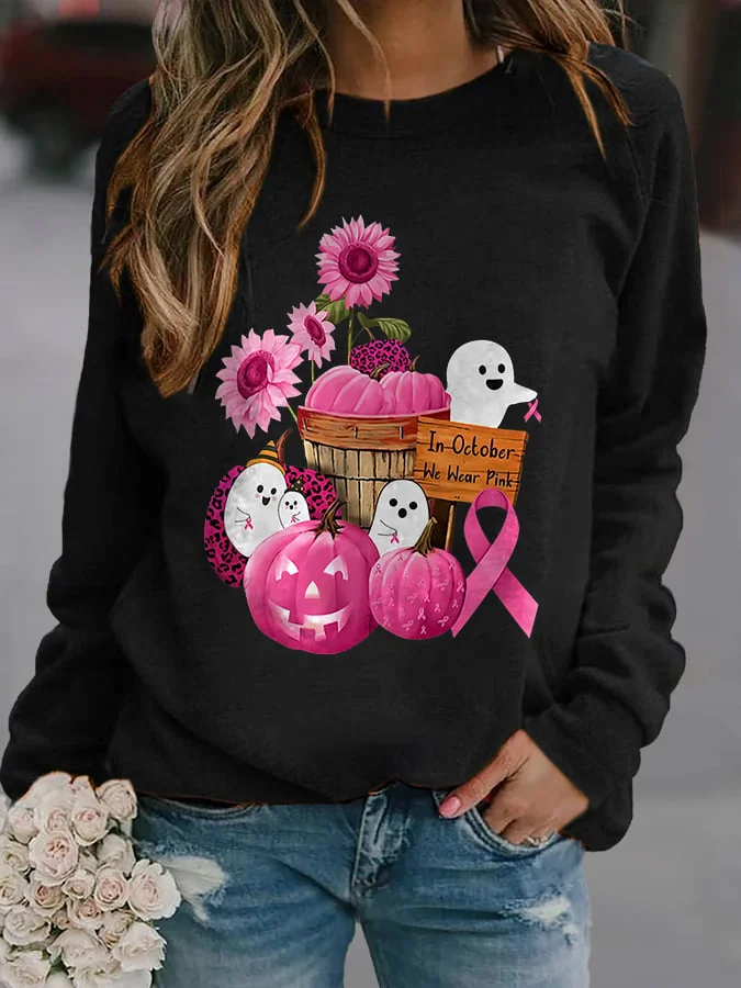 Halloween Ghost Pumpkin In October We Wear Pink Print Sweatshirt socialshop