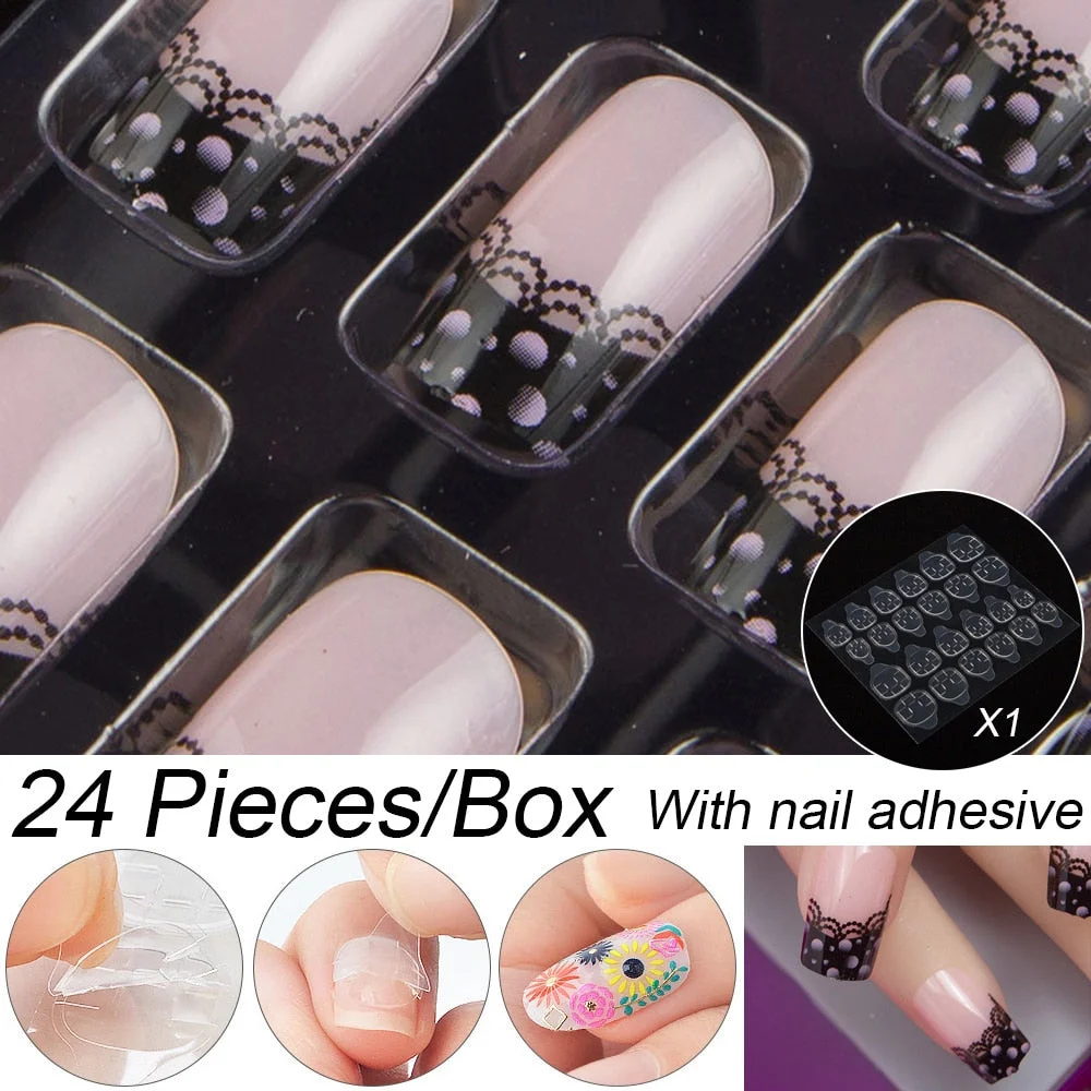 Fashion 24pc/set 10 Sizes Fake Nails Full Cover French False Nail Tips With Double-Sided Nail Adhesive Tab Press On Coffin Nail-Nail Inspo