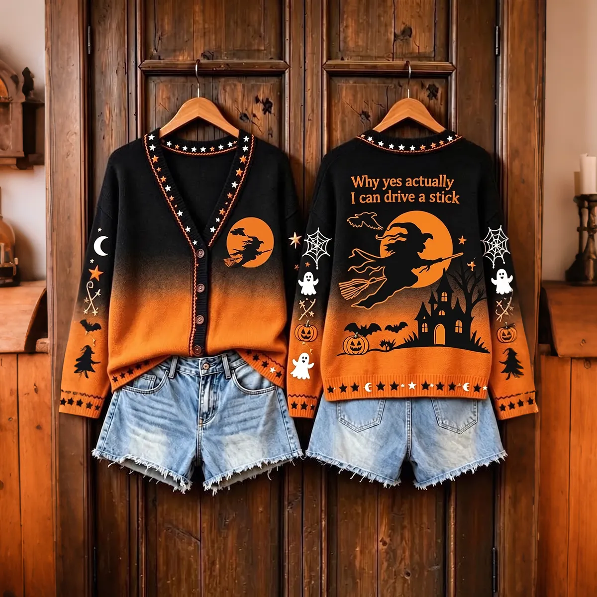 Comstylish Women's Halloween Print V Neck Sweater Cardigan