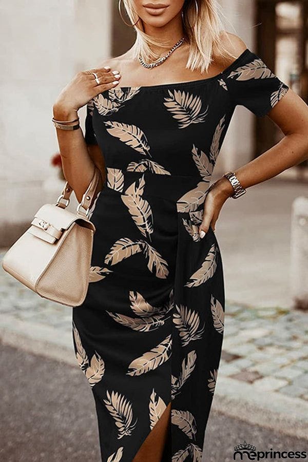 Moxidress Off Shoulder Short Sleeve Bodycon Printed Dress