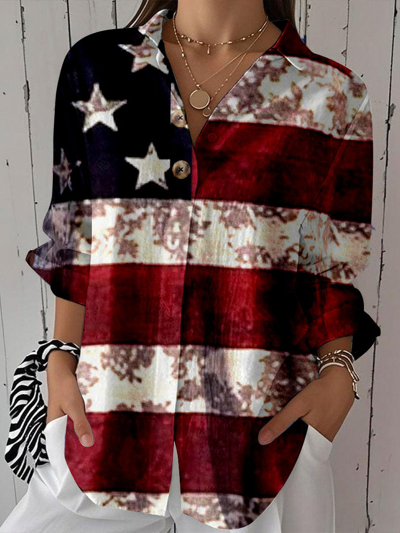 Women 3/4 Sleeve Shirt Collar National Flag Printed Graphic Button Tops