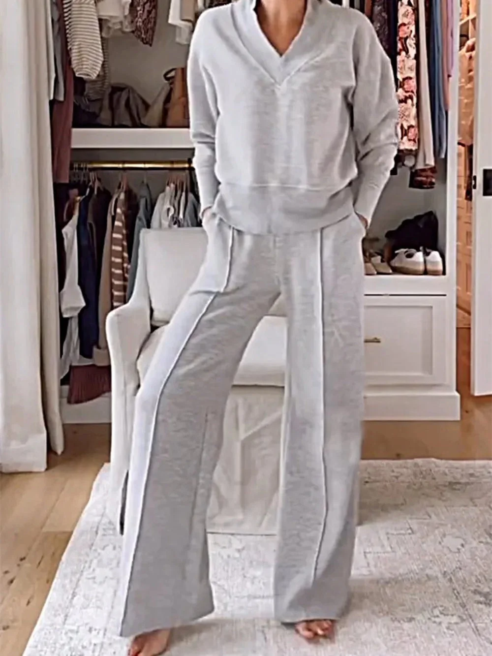 Women's Long Sleeve Hooded Loose Solid Pockets Bottoms&Tops Sets