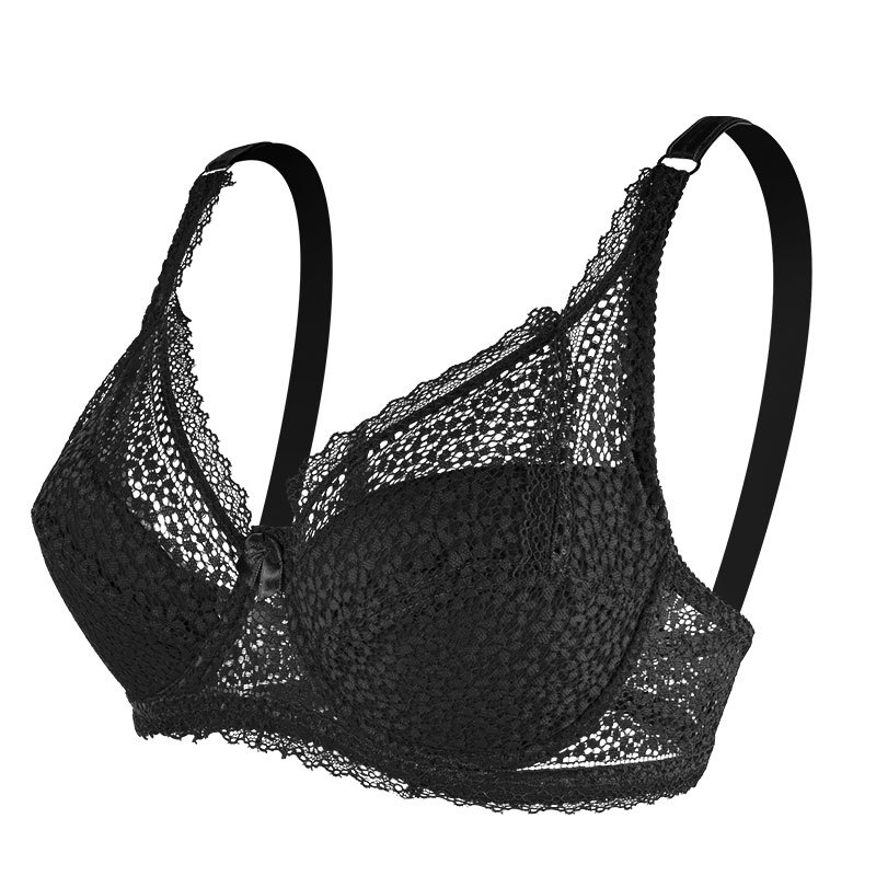 Bras-Adjustable Thin Big Breast Show Little European and American Style Push up Women's Large Size Lace Steel Ring Bra-Bras