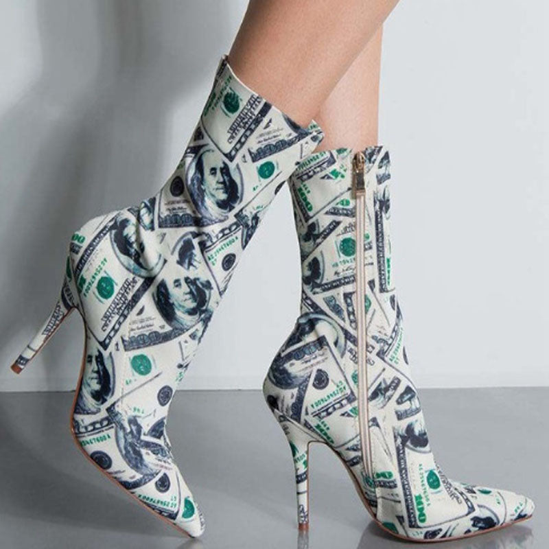 VCSHOES Dollar Print Zipper Point Toe High Heel Boots