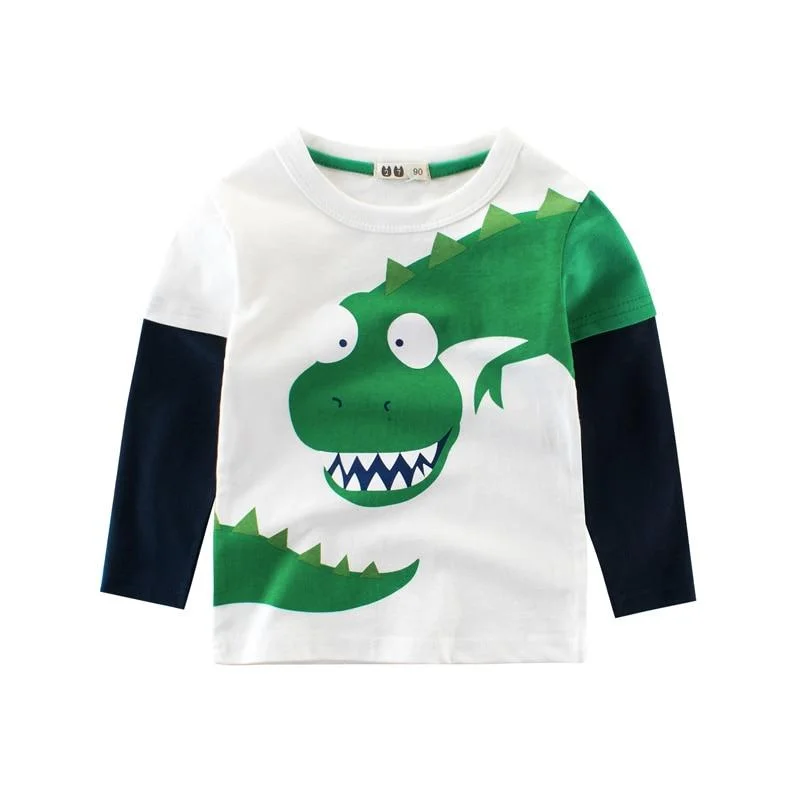 2-8 Years Kids T-shirts Boys Dinosaur Print Tops Girls Splice Long Sleeve T Shirt Children Autumn Winter Solid Cotton Sweatshirt