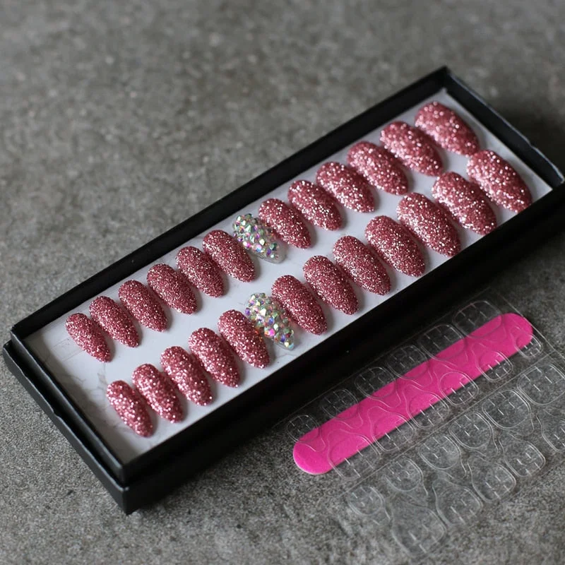 Art design Glitter powder fake nails red pink 26pcs Stiletto Full crystal diamond false nails wedding nails-Nail Inspo