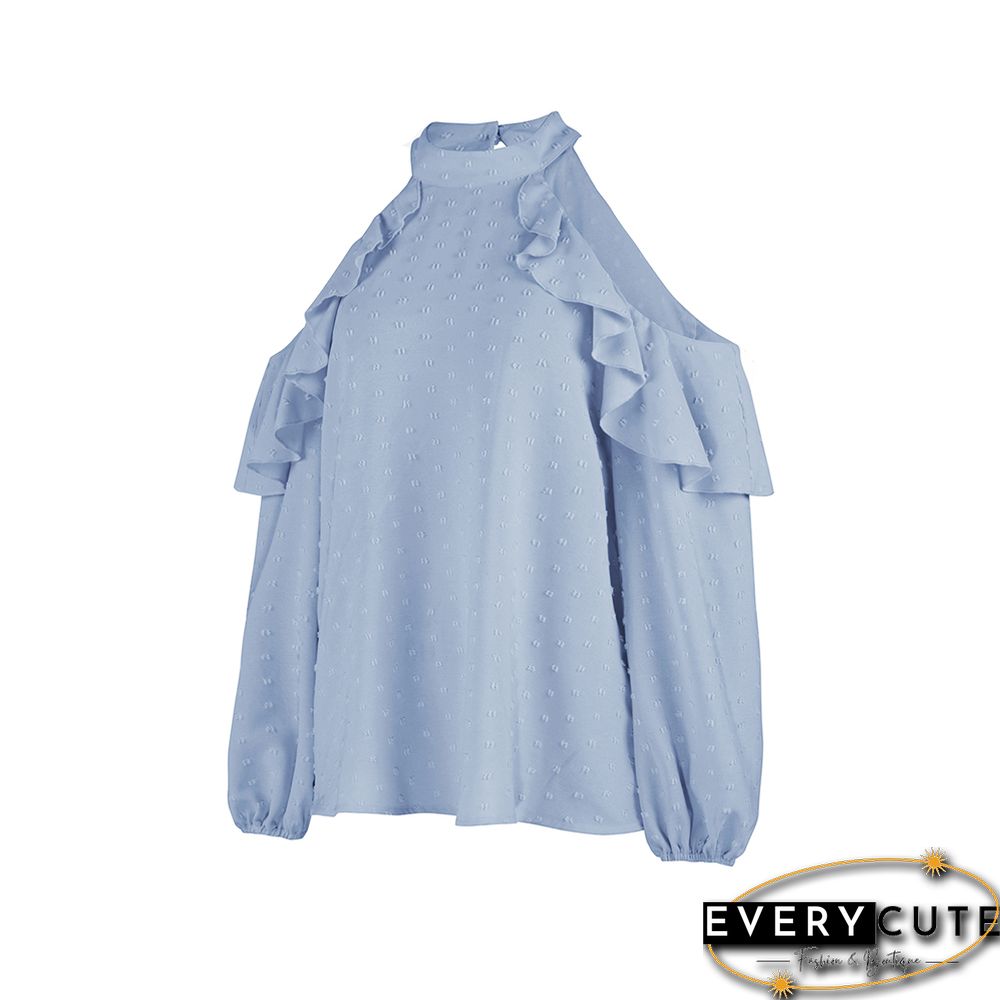 Light Blue Ruffle Cold Shoulder Long Sleeve Tops
