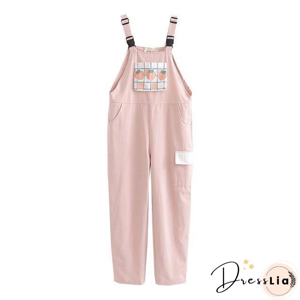 Strap pants, womens sweet plaid strawberry print casual trousers female pink overalls
