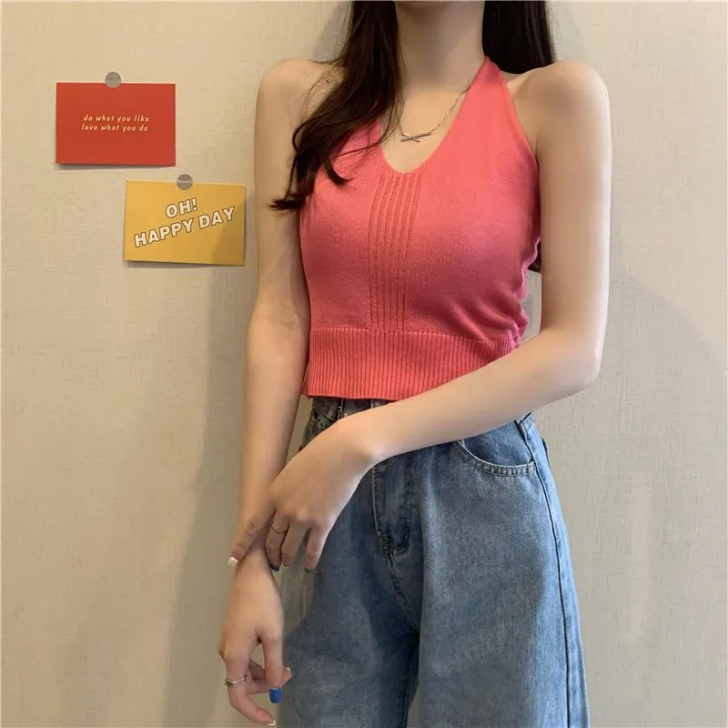 Uveng Uveng Club Bundy Sling Female Summer New Solid Color Hanging Neck Vest Hottie Style Sexy Short V Sleeveless Top
