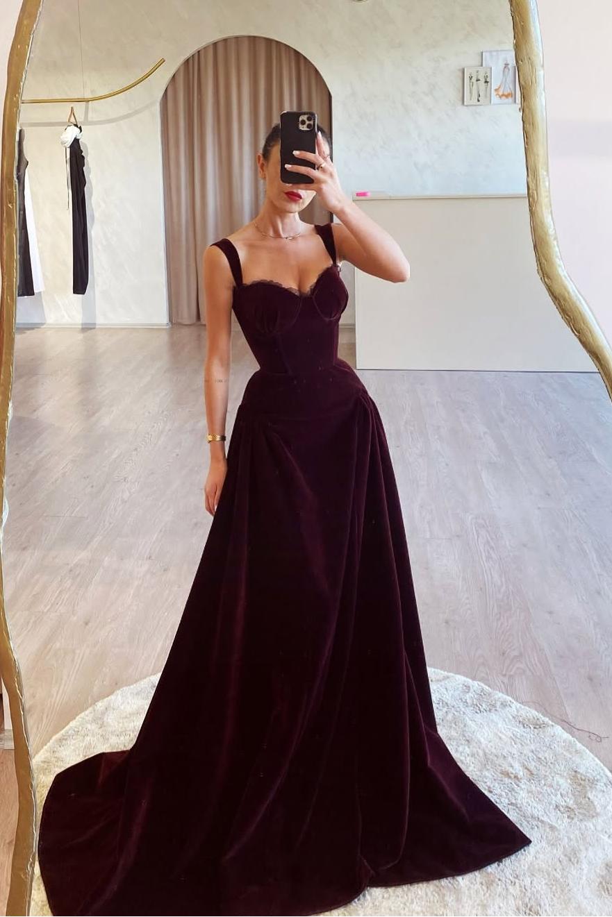Lussooy Beautiful Velvet Burgundy Sleeveless Spaghetti Strap A Line Prom Dress with Pleated 