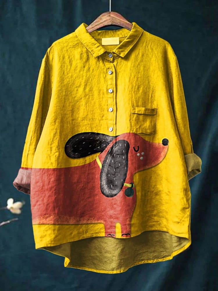 Women's Dog  Art Print Casual Cotton And Linen Shirt