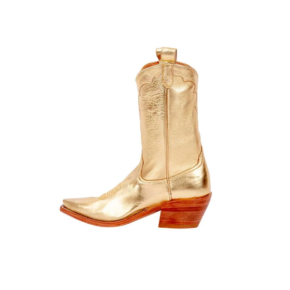 Metallic Gold Vegan Leather Closed Toe Side Loops Cowgirl Ankle Boots With Chunky Heels Nicepairs