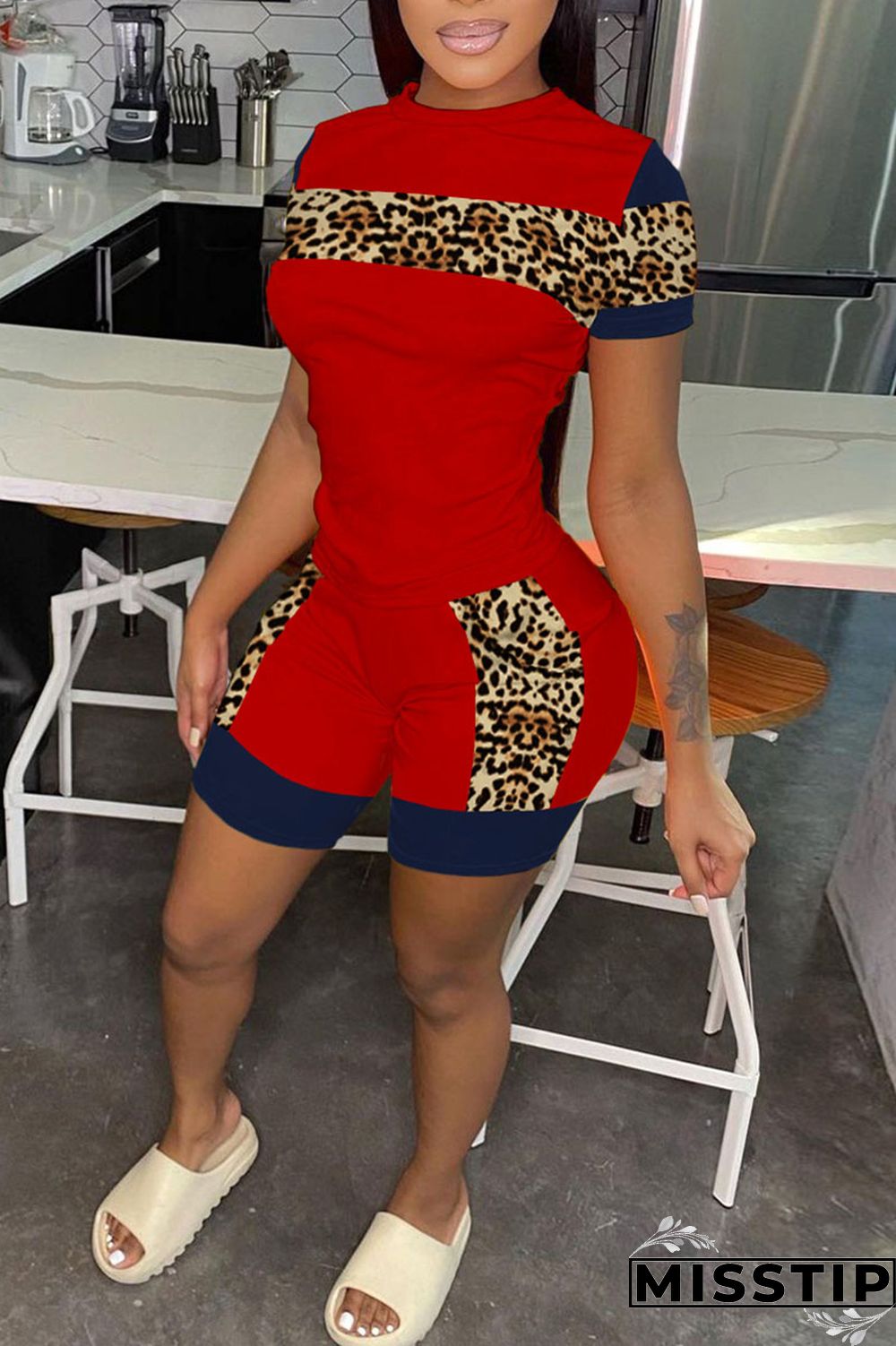 Grey Casual Print Patchwork O Neck Short Sleeve Two Pieces