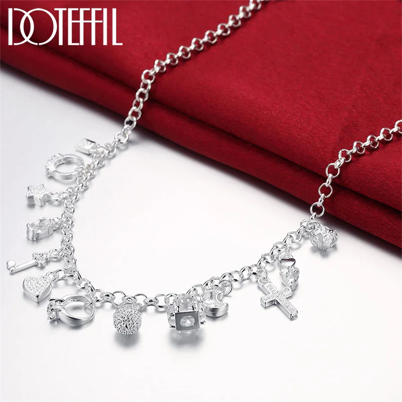 DOTEFFIL 925 Sterling Silver Heart Moon Star Cross Square Pendant Necklace For Women Jewelry