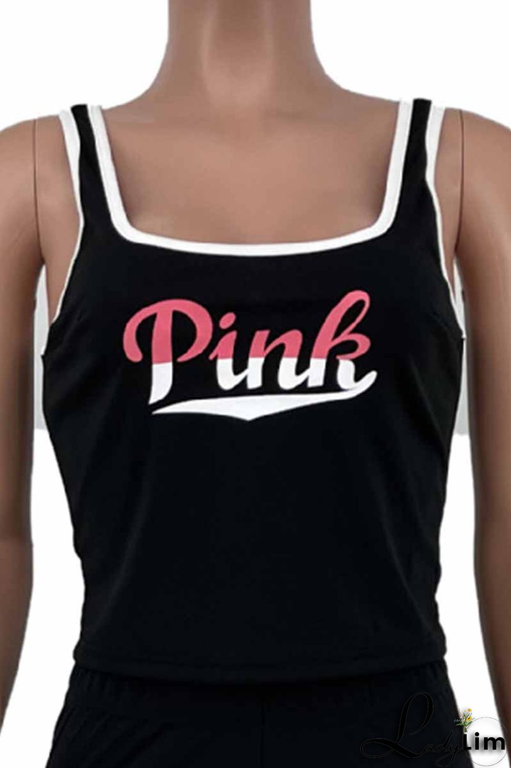 Pink Casual Print Letter U Neck Sleeveless Two Pieces