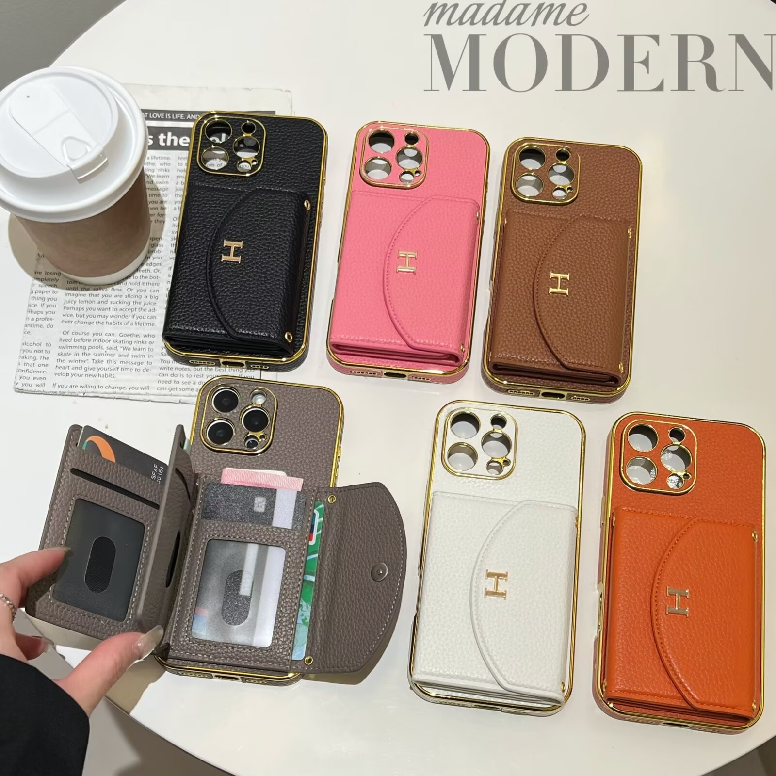 Premium Herm&egrave;s Leather Card Holder H logo Built-in Makeup Mirror Apple iPhone Case
