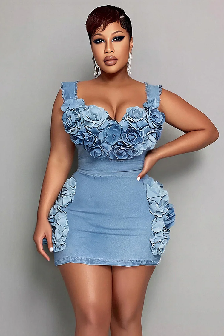 Xpluswear Design Plus Size Party Blue 3D Denim Mini Dresses [Pre-Order] 2024 - Xpluswear