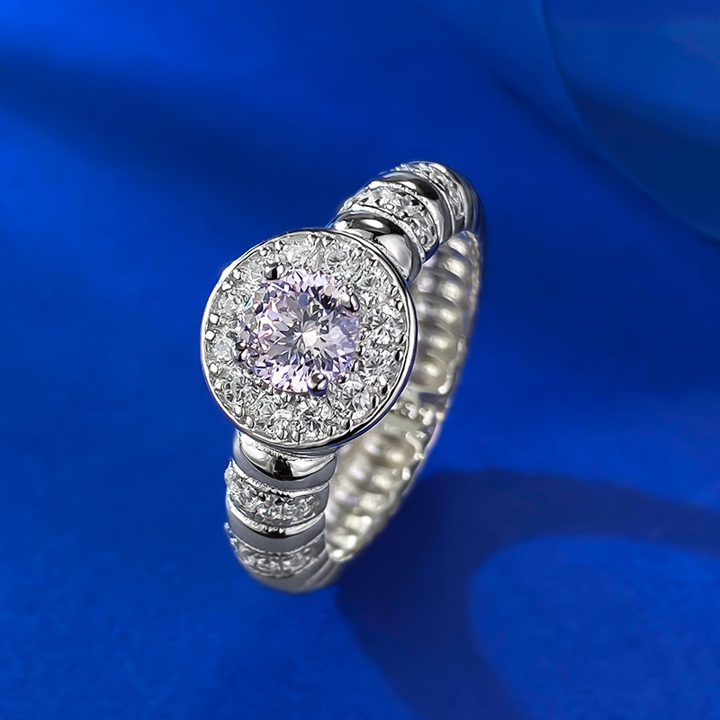 MIKAMU Jewelry S925 Silver 5.0mm Round Pink Diamond Firework Cut Ring