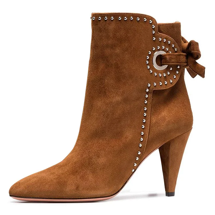Brown Vegan Suede Back Laced Cone Heel Studded Ankle Boots for Women |FSJ Shoes